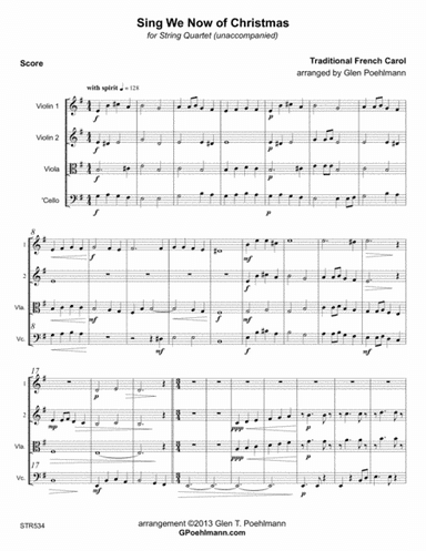 SING WE NOW OF CHRISTMAS arranged for STRING QUARTET (unaccompanied) (arr. Glen Poehlmann)