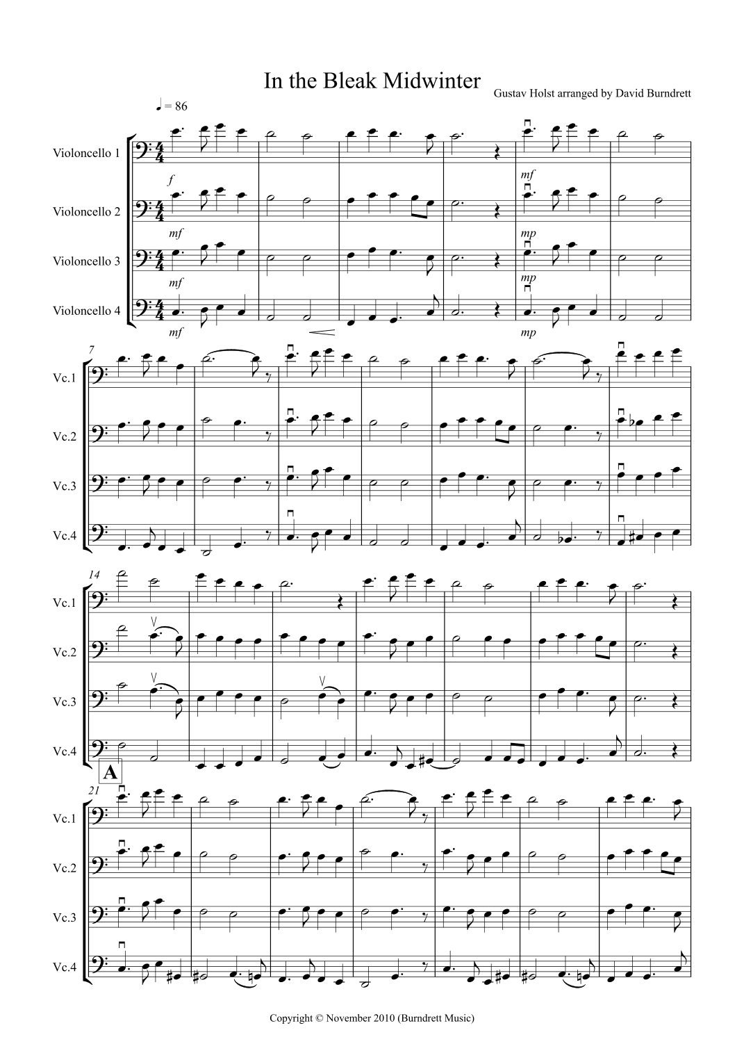 In the Bleak Midwinter for Cello Quartet (arr. David Burndrett)