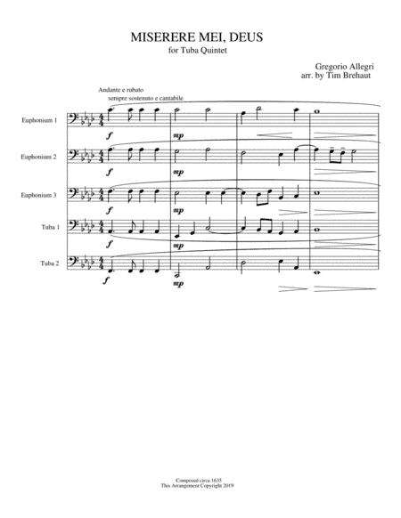 Miserere Mei, Deus - Gregorio Allegri - Tuba Quintet (arr. Tim Brehaut)
