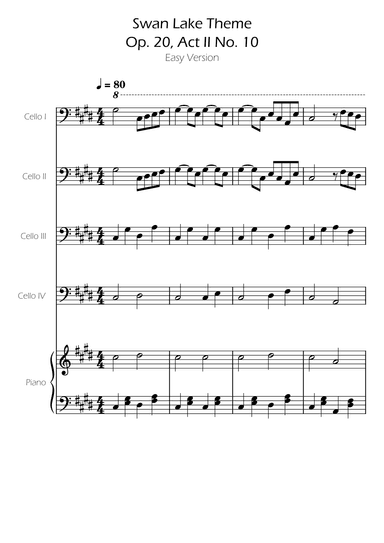 Swan Lake (theme) - Tchaikovsky - Cello Quartet w/ Piano Accompaniment (arr. Ygor Nunes)