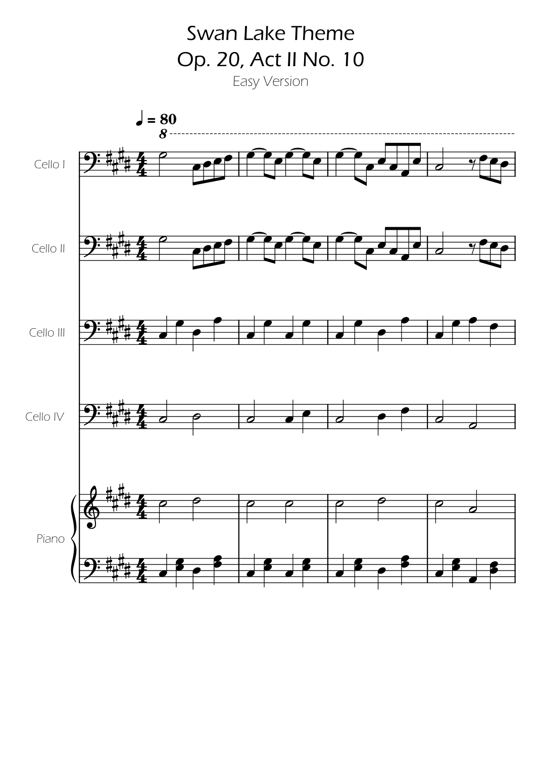 Swan Lake (theme) - Tchaikovsky - Cello Quartet w/ Piano Accompaniment (arr. Ygor Nunes)