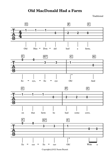 Old MacDonalds Had A Farm (with Guitar Tablature) (arr. Suzan Beyazit)