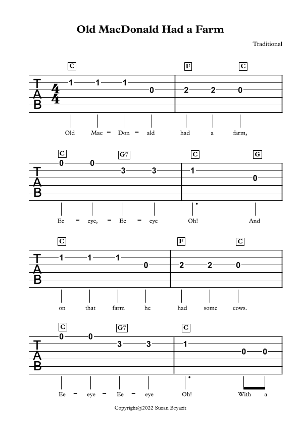 Old MacDonalds Had A Farm (with Guitar Tablature) (arr. Suzan Beyazit)