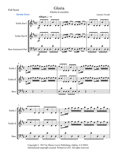 GLORIA IN EXCELSIS for Trio for  String Trio, Woodwind Trio, any combination of two treble clef inst (arr. Sherry Lewis)