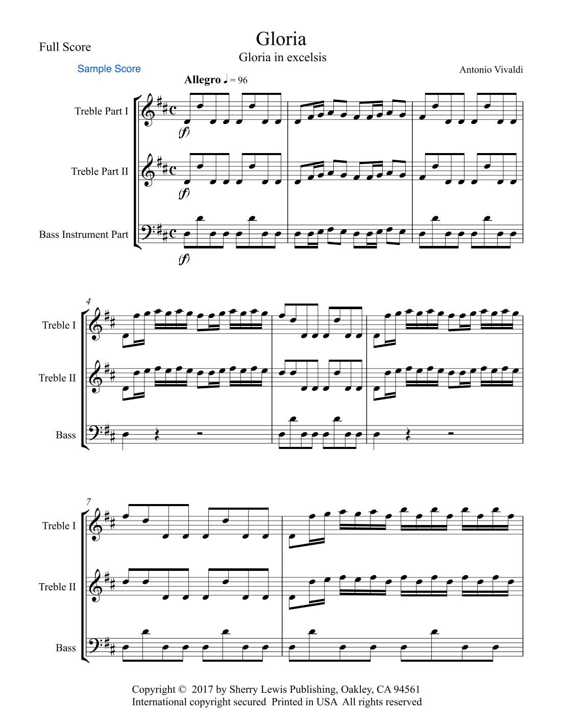 GLORIA IN EXCELSIS for Trio for String Trio, Woodwind Trio, any combination of two treble clef inst (arr. Sherry Lewis)
