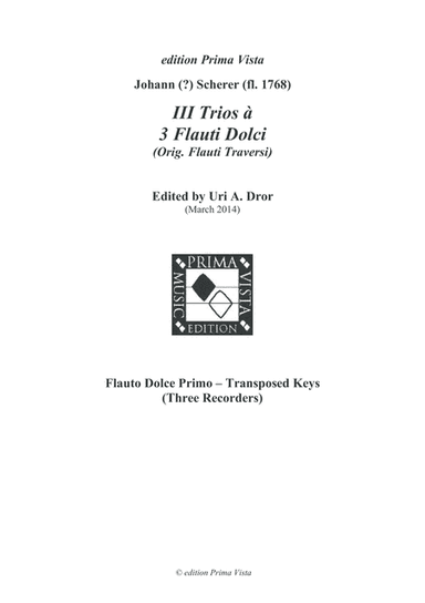 Johann Scherer, III Trios for Three Recorders, Parts (arr. Uri A. Dror - edition Prima Vista)