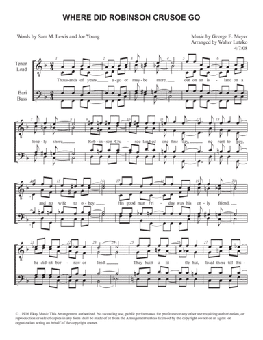 WHERE DID ROBINSON CRUSOE GO (arr. Walter Latzko)
