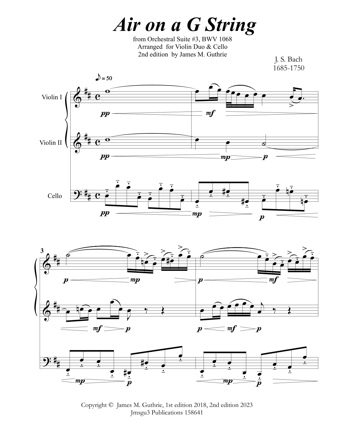 Bach: Air on a G String for 2 Violins & Cello (arr. James M. Guthrie, ASCAP)