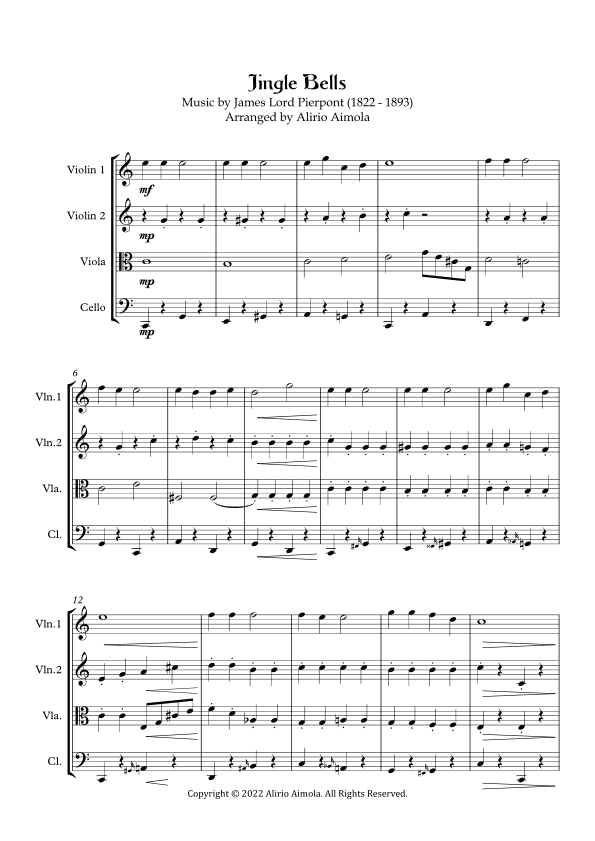 Jingle Bells - string quartet easy level (arr. Alirio Aimola)