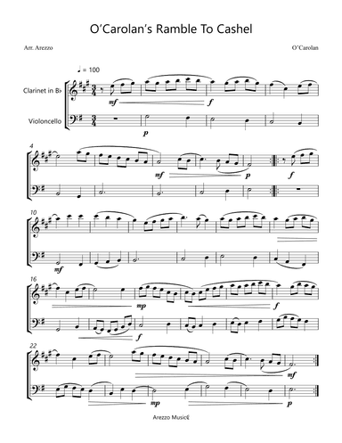 o'carolan ramble to cashel - clarinet and cello sheet music turlough'o carolan (arr. Arezzo Music)