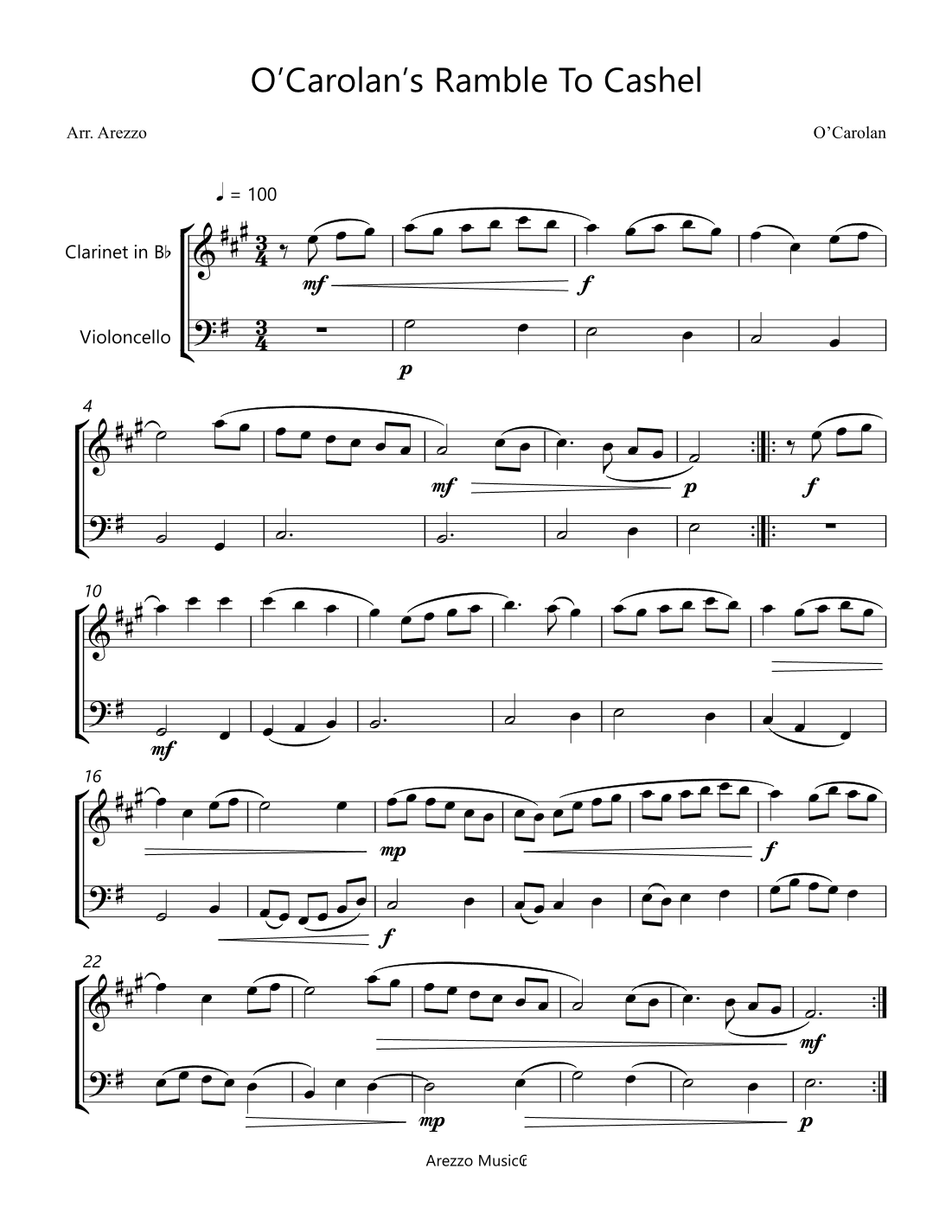 o'carolan ramble to cashel - clarinet and cello sheet music turlough'o carolan (arr. Arezzo Music)