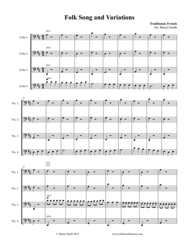 Traditional French Folk Song and Variation for four beginner cellists (cello quartet) (arr. Yellow Cello Music)