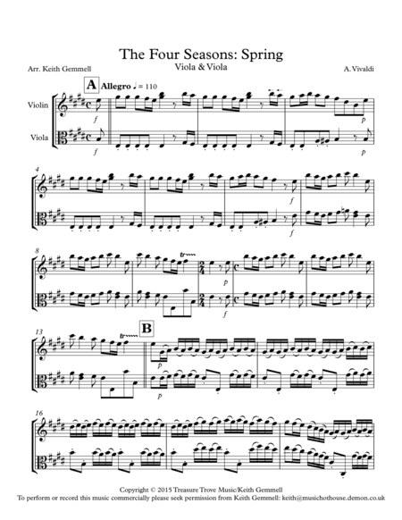 The Four Seasons (Spring) Violin & Viola Duet (arr. Keith Gemmell)