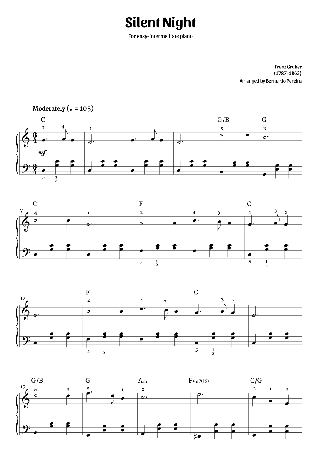 Silent Night (easy-intermediate piano – C major) (arr. Bernardo Pereira)