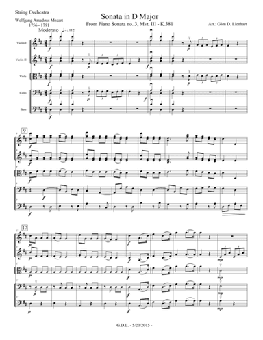 Sonata no. 3 in D Major K.381 - Extra Score (arr. Glen D. Lienhart)