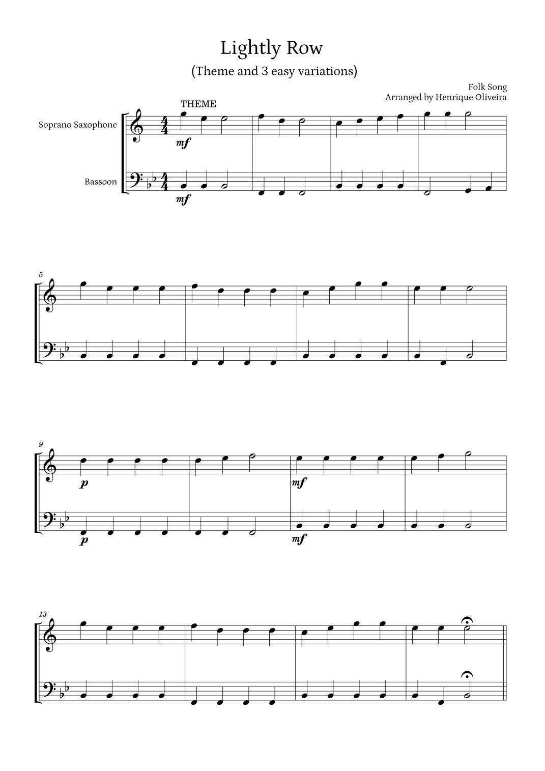 Lightly Row (Theme with 3 Easy Variations) - For Saxophone and Bassoon (arr. Henrique Oliveira)