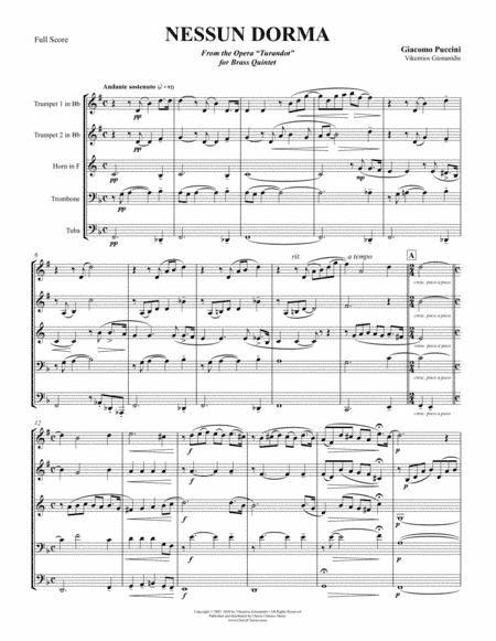 Nessun Dorma from the opera Turandot for Brass Quintet (arr. Vikentios Gionanidisk)