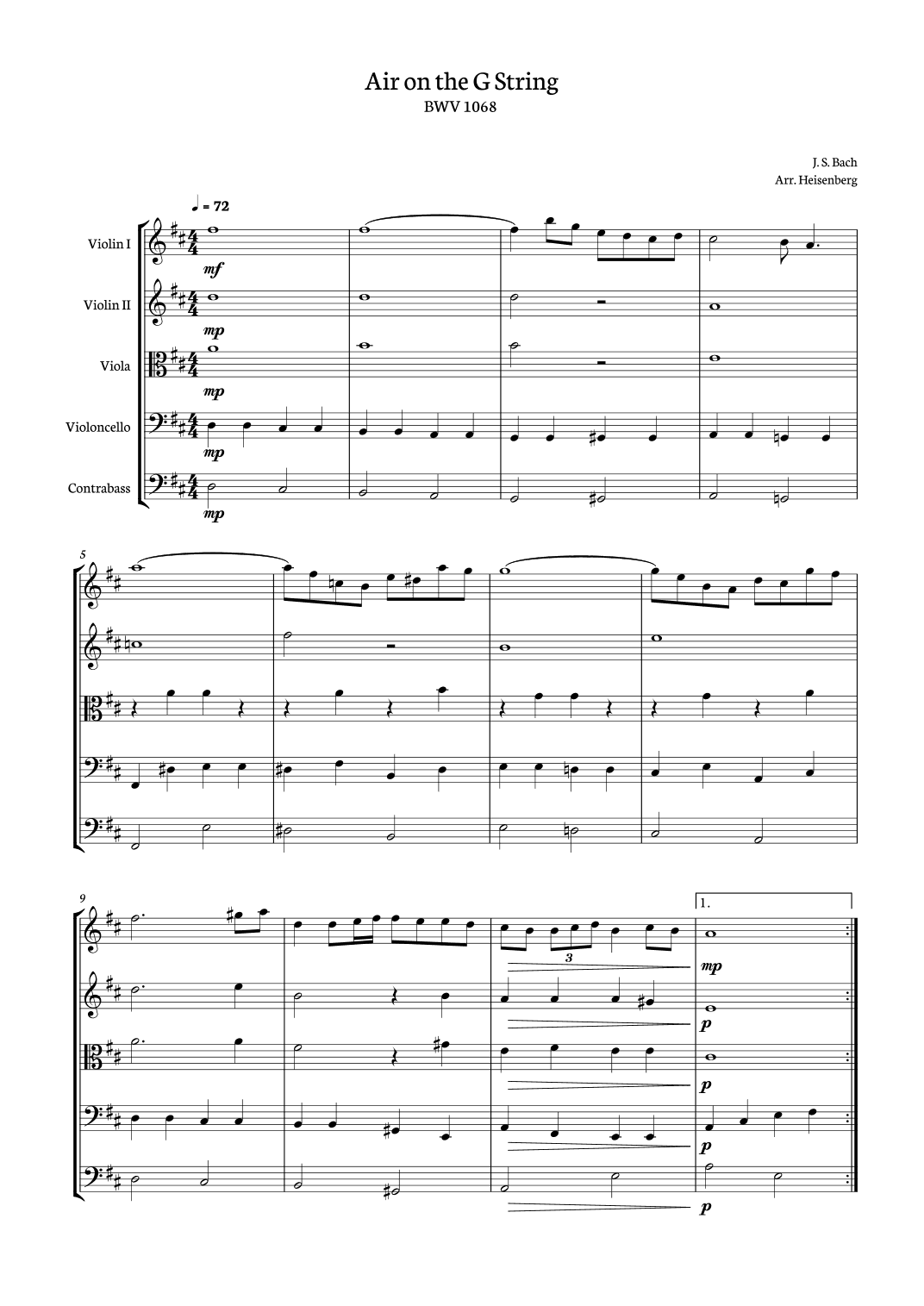Bach - Air on the G String for String quintet (arr. Heisenberg)