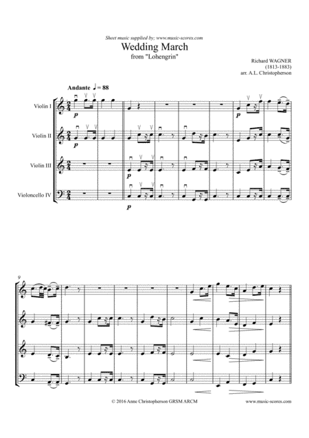 Wedding March from Lohengrin - 3 Violins and Cello (arr. Anne L Christopherson GRSM ARCM)