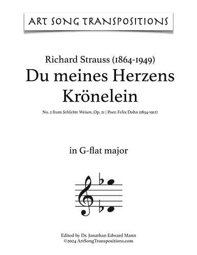STRAUSS: Du meines Herzens Krönelein, Op. 21 no. 2 (transposed to D-flat major) (arr. ArtSongTranspositions.com)