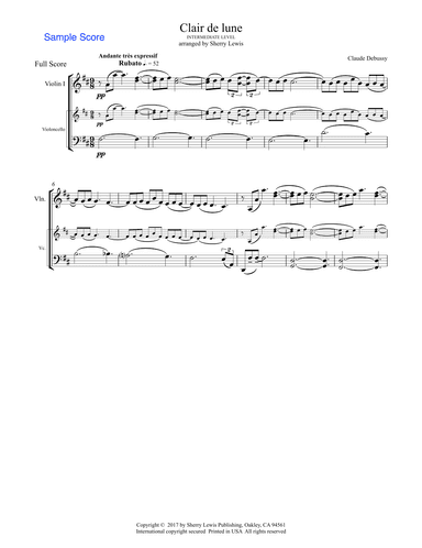 CLAIR DE LUNE intermediate level for string duo of violin and cello (arr. Sherry Lewis)