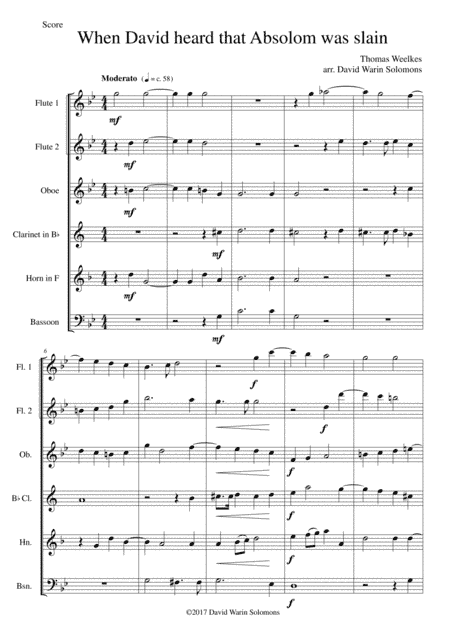 When David heard that Absalom was slain (wind sextet - 2 flutes, oboe, clarinet, horn, bassoon) (arr. David Warin Solomons)