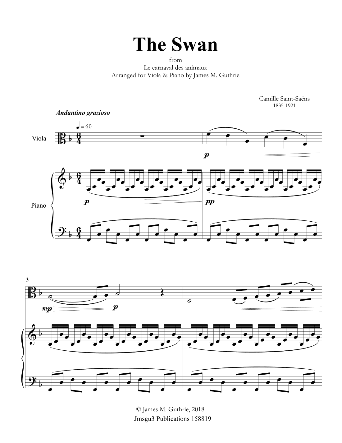 Saint-Saëns: The Swan for Viola & Piano (arr. James M. Guthrie, ASCAP)