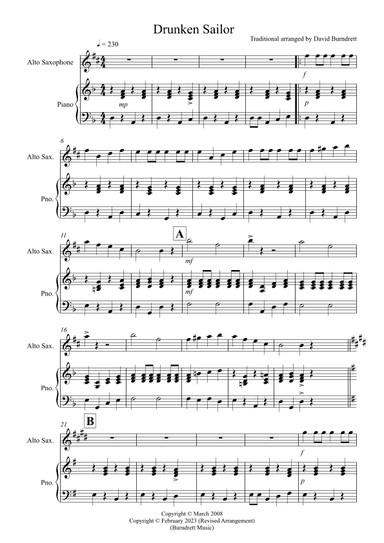 Drunken Sailor for Alto Saxophone and Piano (arr. David Burndrett)