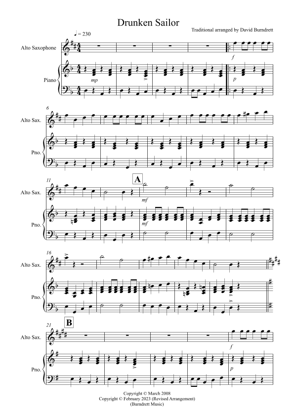 Drunken Sailor for Alto Saxophone and Piano (arr. David Burndrett)