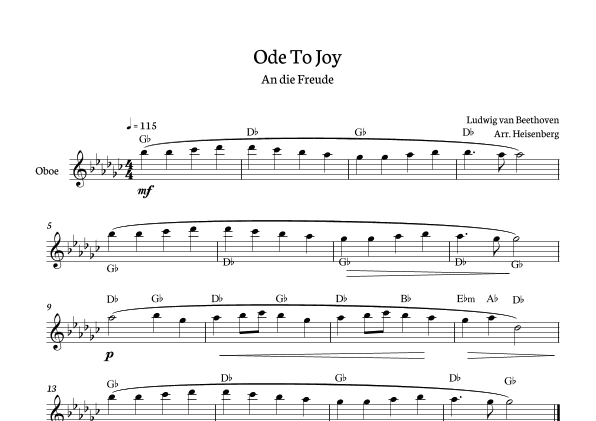 Beethoven - Ode To Joy for oboe in Gb with chords (arr. Heisenberg)