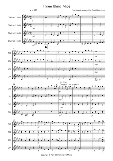 Three Blind Mice for Clarinet Quartet (arr. David Burndrett)