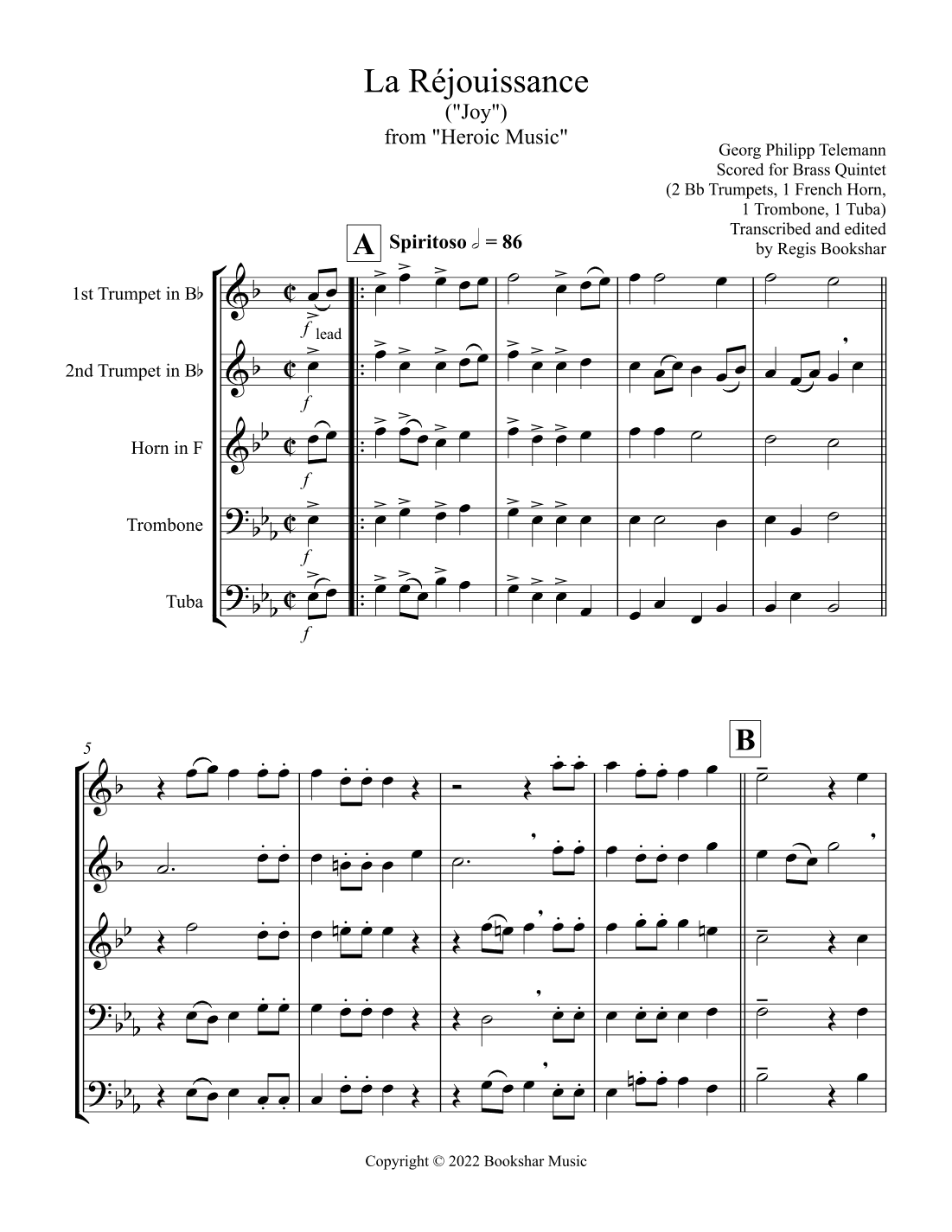 La Rejouissance (from "Heroic Music") (Eb) (Brass Quintet - 2 Trp, 1 Hrn, 1 Trb, 1 Tuba) (arr. Regis Bookshar)