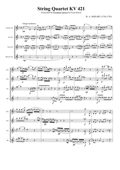 String Quartet KV 421 for Saxophone Quartet (SATB) (arr. Diego Marani)