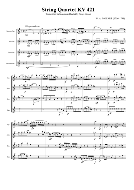 String Quartet KV 421 for Saxophone Quartet (SATB) (arr. Diego Marani)