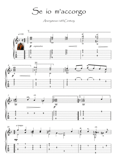 Se Io m' Accorgo renaissance Guitar (arr. PianoSheetNow)