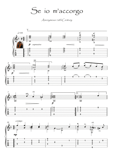 Se Io m' Accorgo renaissance Guitar (arr. PianoSheetNow)