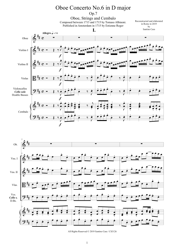 Albinoni - Oboe Concerto No.6 in D major Op.7 for Oboe, Strings and Cembalo (arr. Santino Cara)