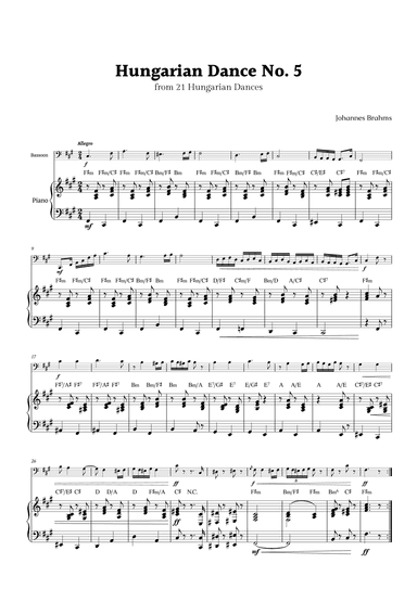 Hungarian Dance No. 5 by Brahms for Bassoon and Piano with Chord (arr. Rika K.)