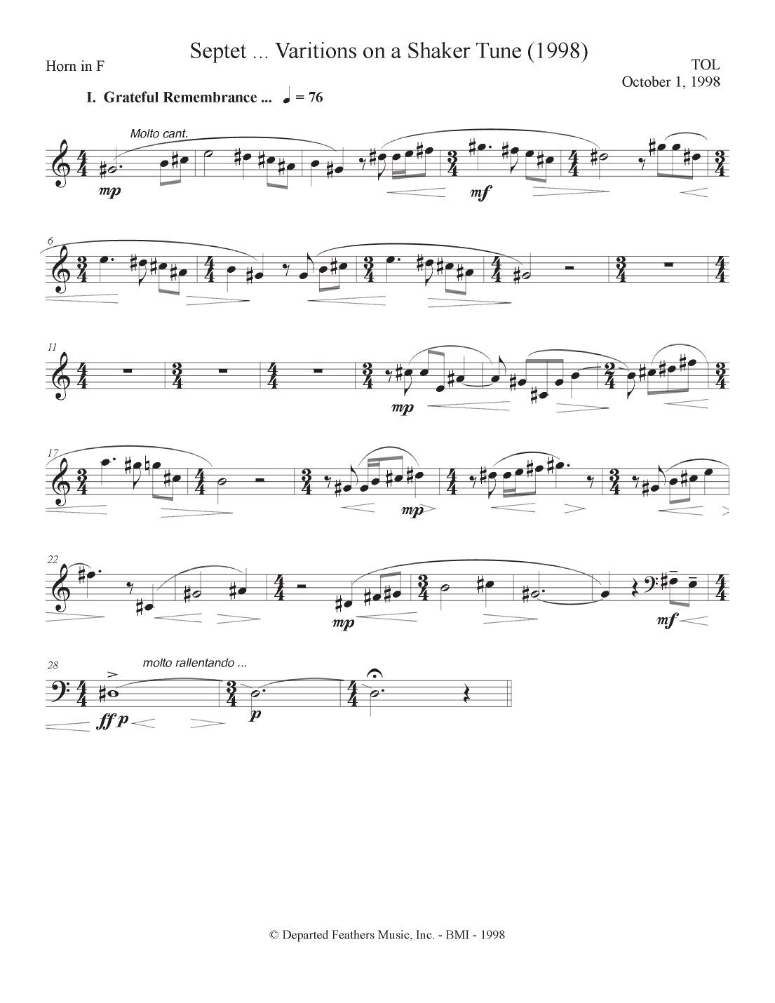 septet, opus 77 ... Variations on a Shaker Tune (1998) Horn in F part