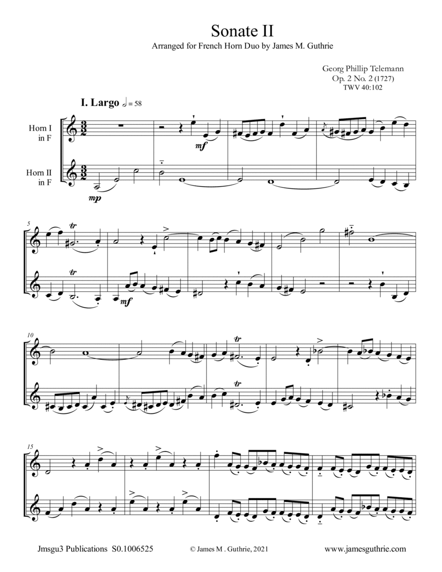Telemann: Sonata Op. 2 No. 2 for French Horn Duo (arr. James M. Guthrie)