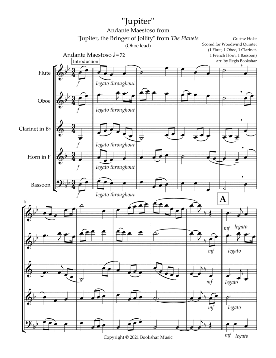 Jupiter (Andante Maestoso from "Jupiter, the Bringer of Jollity" from The Planets) (Bb) (Woodwind Qu (arr. Regis Bookshar)