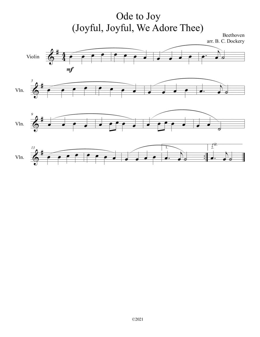 Ode to Joy (Joyful, Joyful, We Adore Thee) for solo violin (arr. B. C. Dockery)