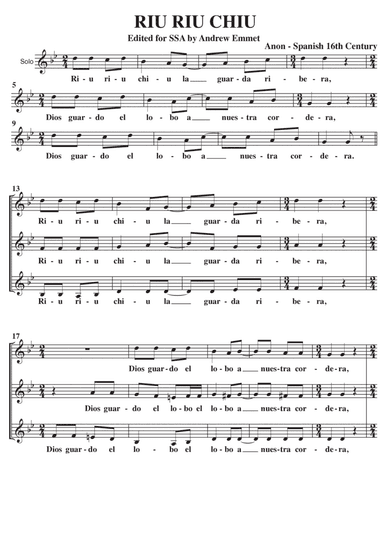 Riu Riu Chiu A Cappella SSA (arr. Andrew Emmet)