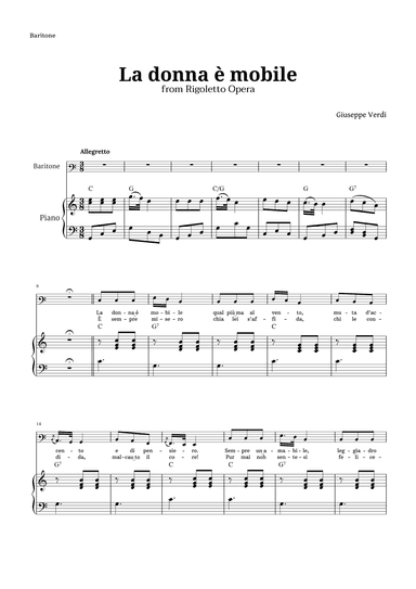 La donna è mobile in C major for Baritone and Piano (arr. Langanho)