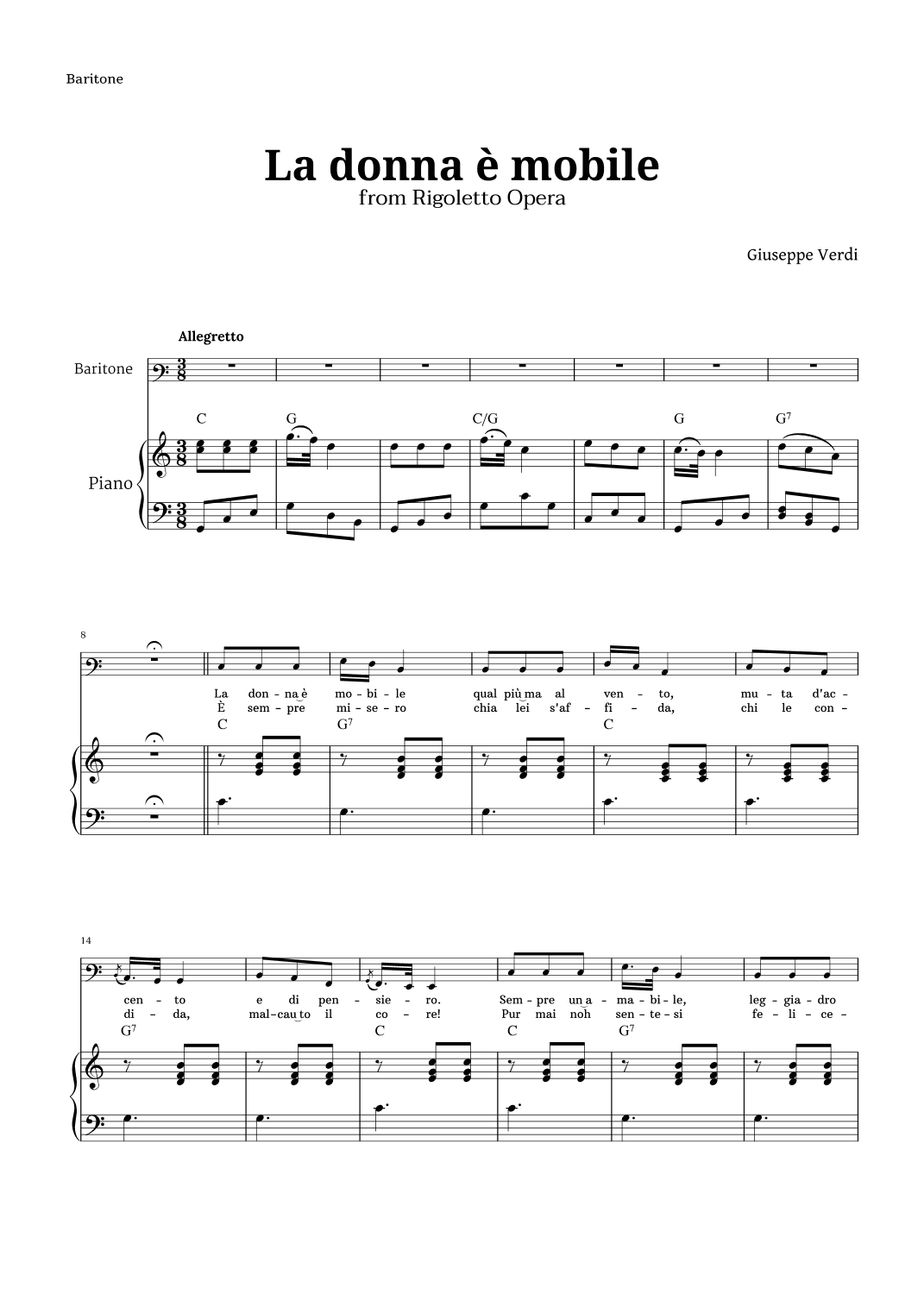 La donna è mobile in C major for Baritone and Piano (arr. Langanho)