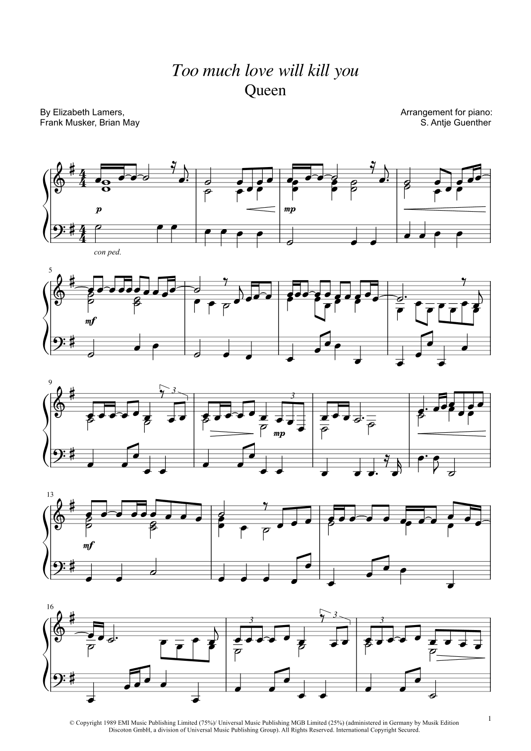 Too Much Love Will Kill You (arr. Antje Günther)