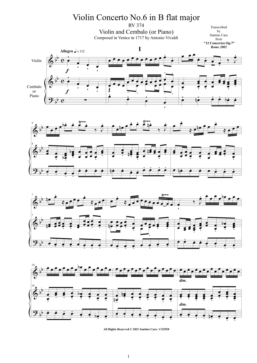 Vivaldi - Violin Concerto No.6 in F major RV 374 Op.7 for Violin and Cembalo (or Piano) (arr. Santino Cara)