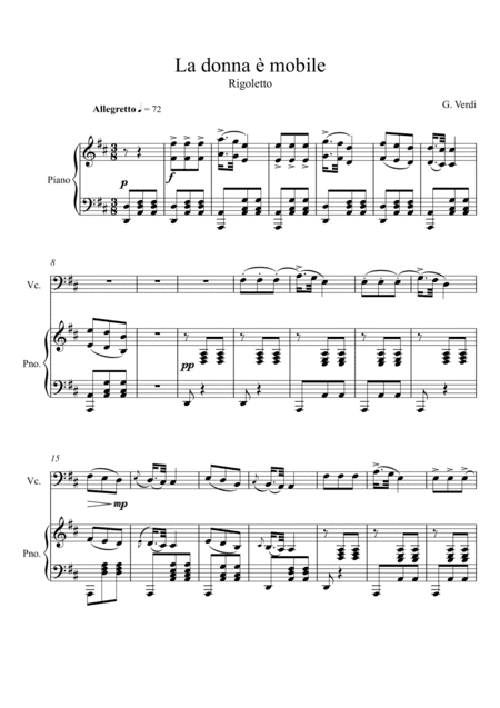Giuseppe Verdi - La donna e mobile (Rigoletto) Violoncello Solo - D Key (arr. André Laitano)