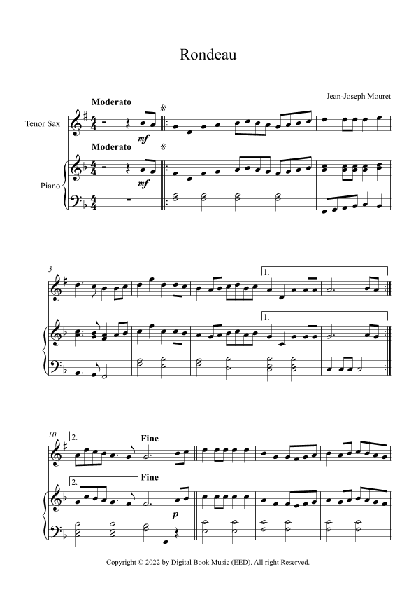 Rondeau - Jean-Joseph Mouret (Tenor Sax + Piano) (arr. Digital Book Music)