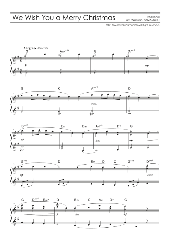 We Wish You a Merry Christmas [Piano solo / beginner / Christmas Music Arr.] (arr. Masakazu YAMAMOTO)